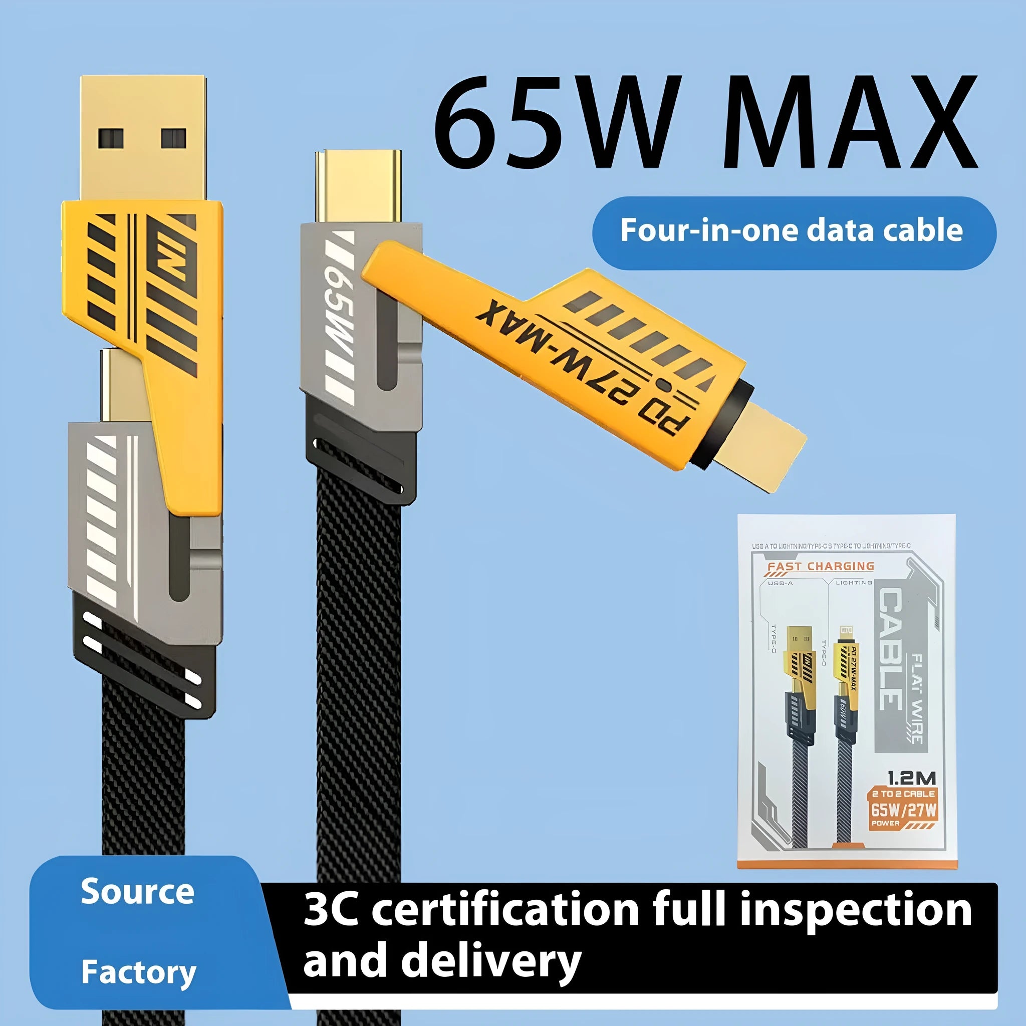 66W fast charge data cable USB Type-C 1.5m TPE with three connectors
