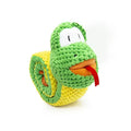 Green transformable plush dog toy shown in snail and stick shapes with squeakers and food holes.