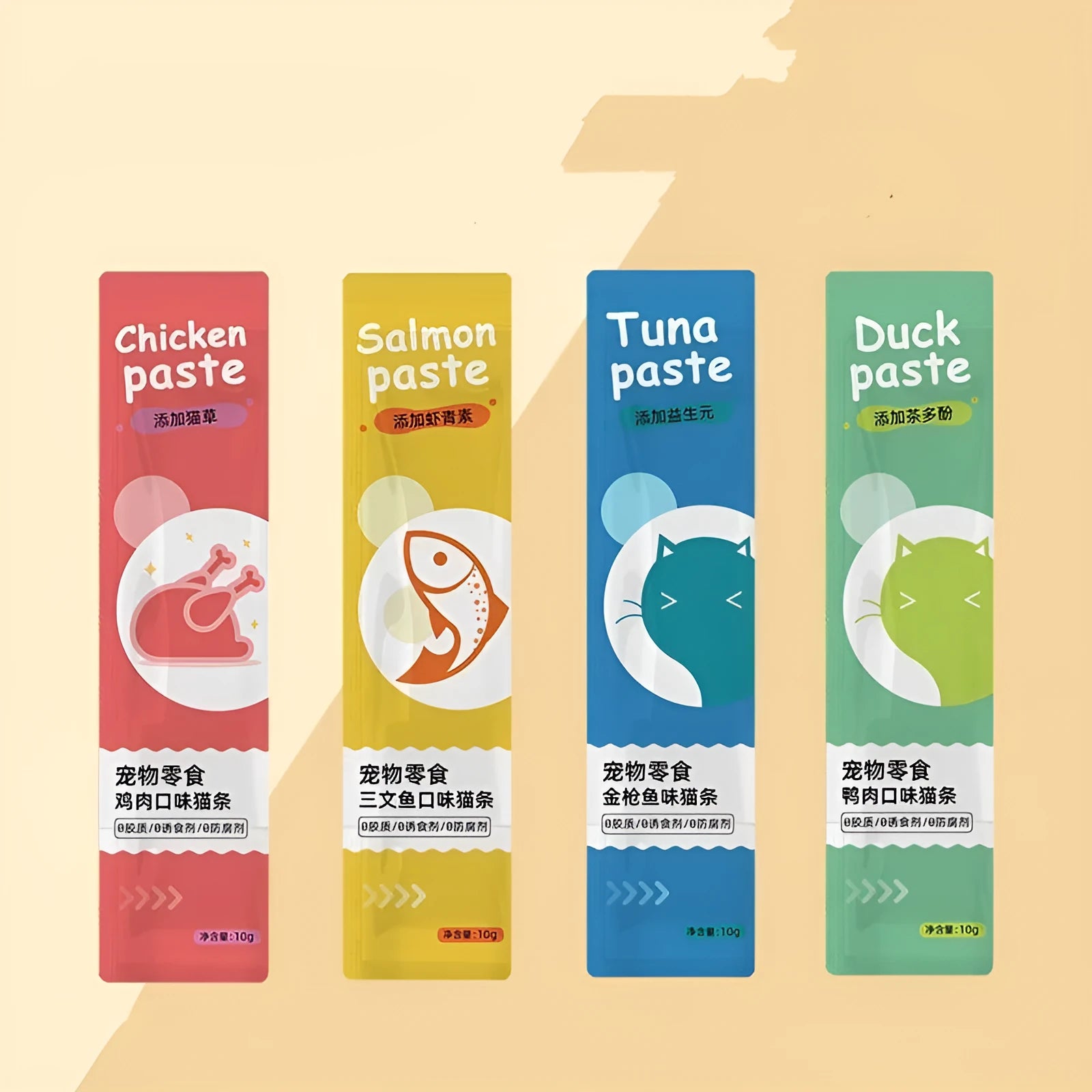 Cat strip snacks for kittens in childhood stage with four flavour varieties including chicken catgrass and tuna prebiotics