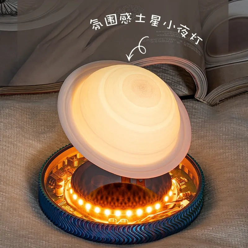 Modern magnetic levitation lamp with a 3D-printed spherical moon ornament floating above its base.