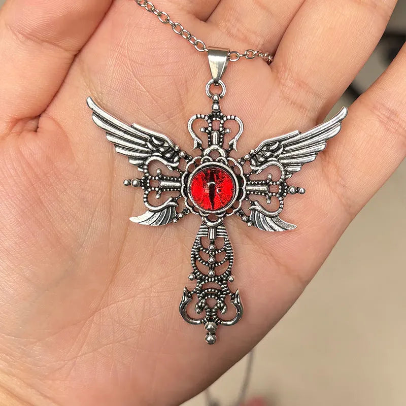 Geometric devil wings and cross alloy pendant necklace on a chain, shown in blue, green, purple, red, and yellow colour options.