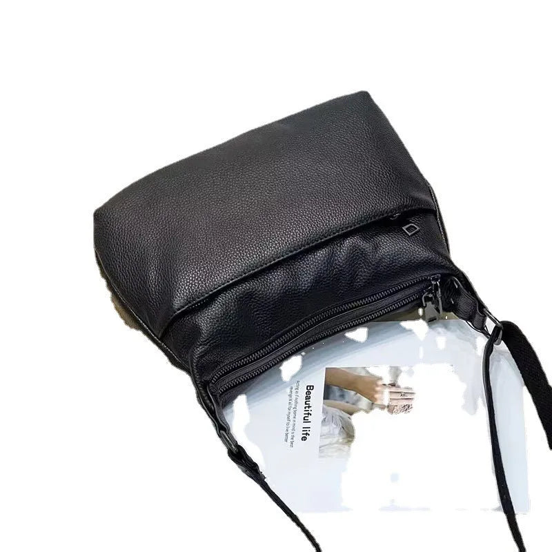 Genuine leather large capacity crossbody shoulder bag in black plaid with horizontal square shape