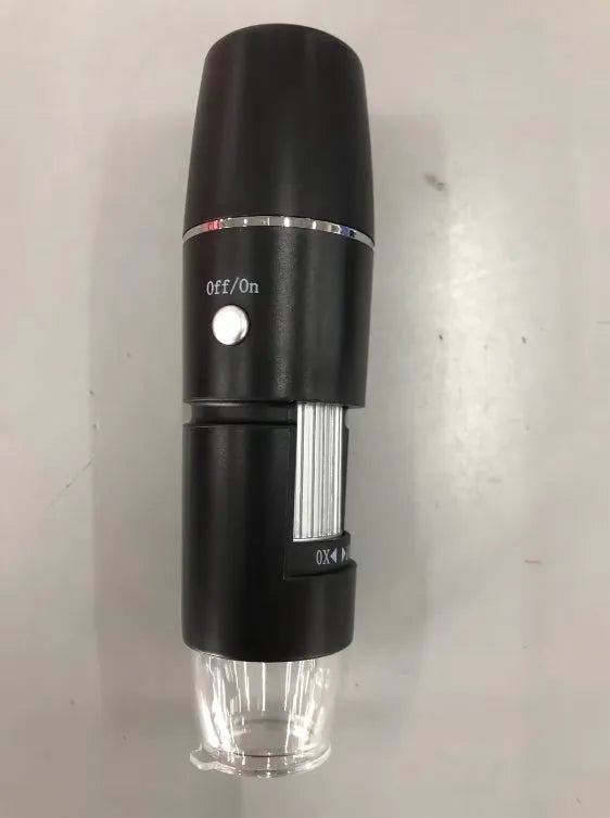 Black microscope magnifier camera phone bracket with 8 LED lights and 1.5m cable on a laboratory bench