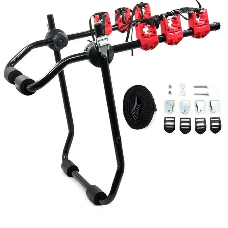 Black and red iron frame bike rack for car boot mounting, showing pull belt and tie rope fastenings.