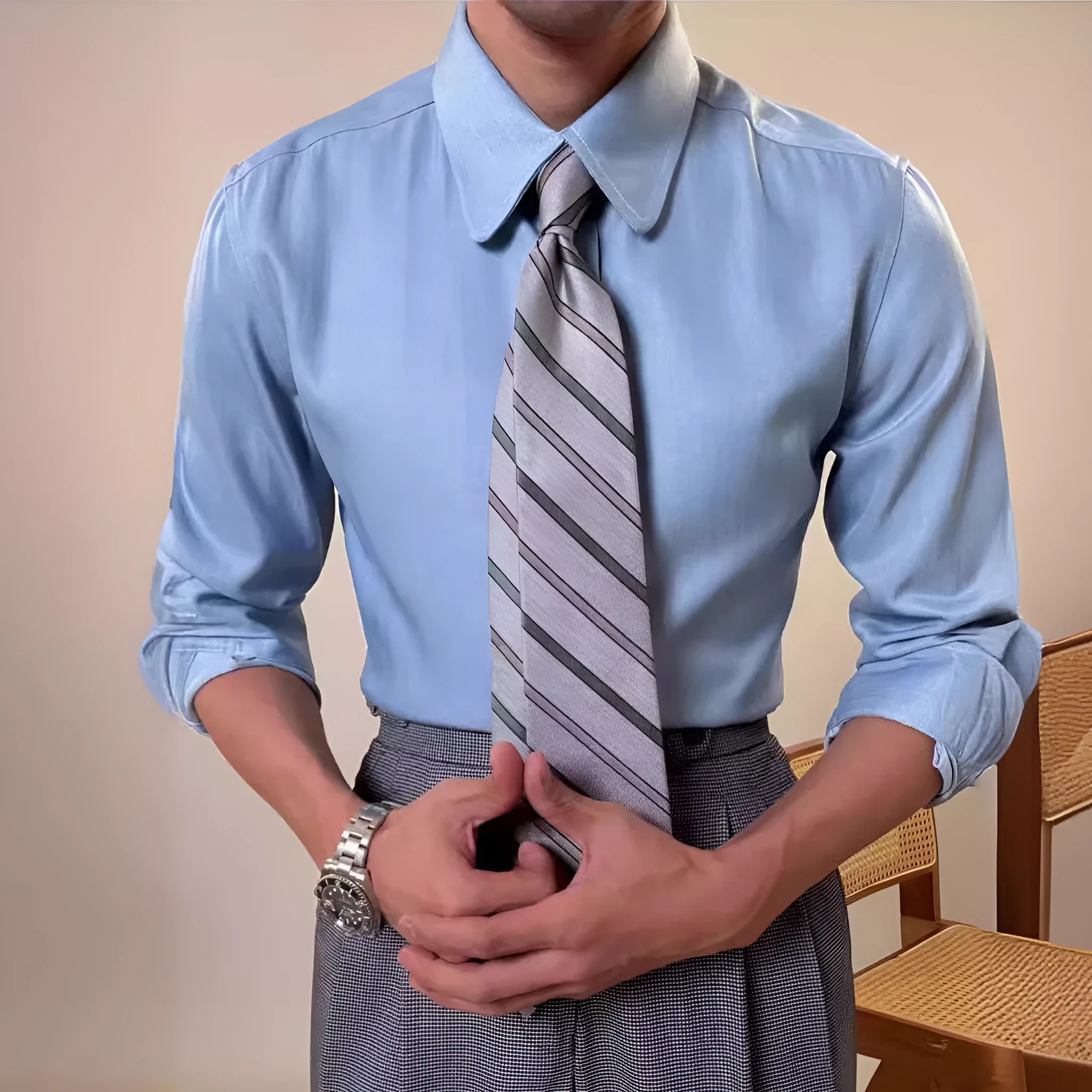 Men's round collar long sleeve shirt in slim fit available in light and dark blue colours