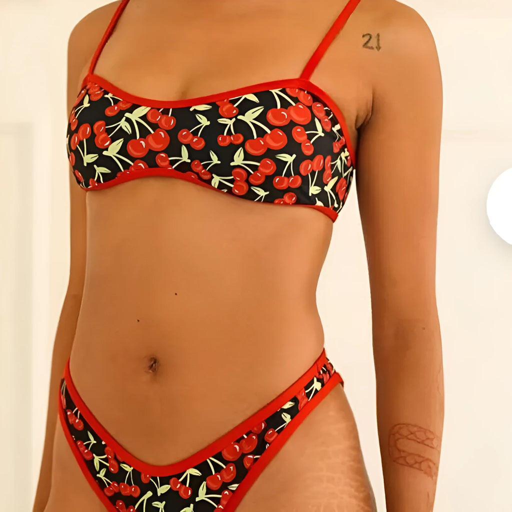 Women's cherry print floral bikini swimsuit with tube top on hanger