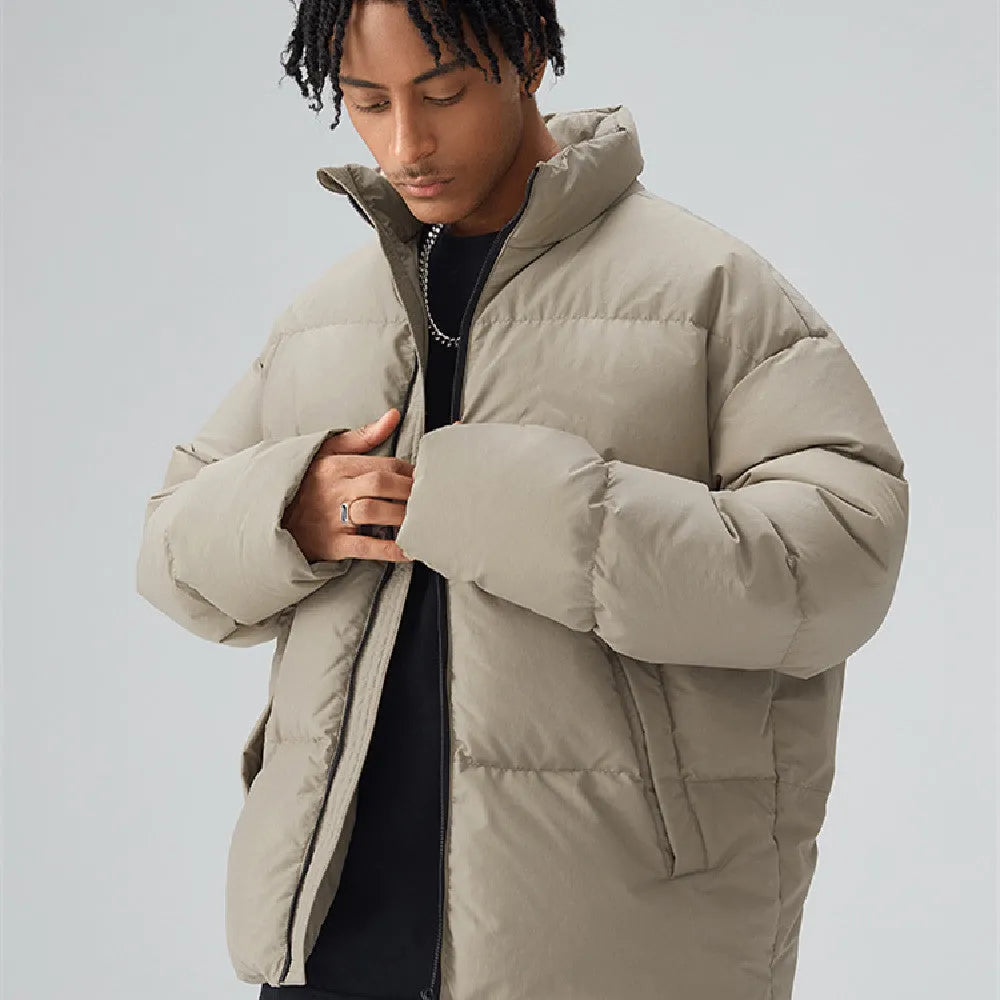 Men's short white duck down jacket with standing collar, 100% polyester shell, available in grey and black