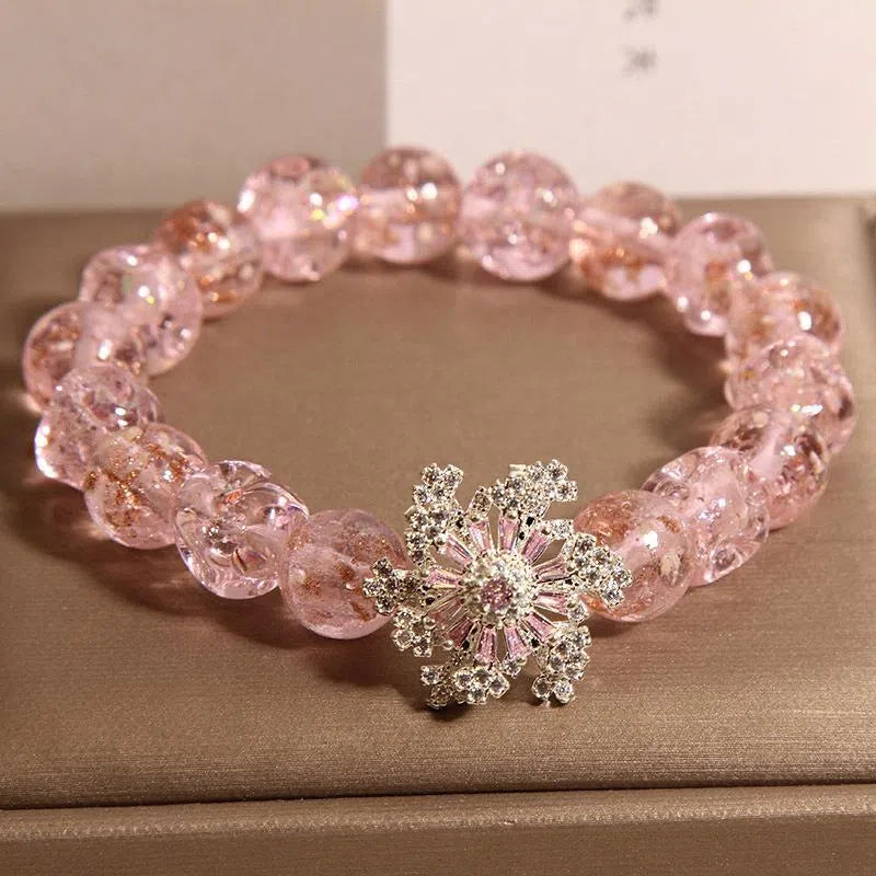 Pink colored glaze special-shaped bead bracelet with micro-inlaid snowflake design for women