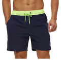 Men's blue stitching waist athletic shorts with a side zip pocket and drawstring