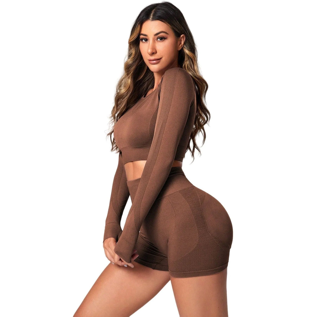 Women's high waist yoga suit in black, brown, or purple with long sleeves and quick-dry fabric