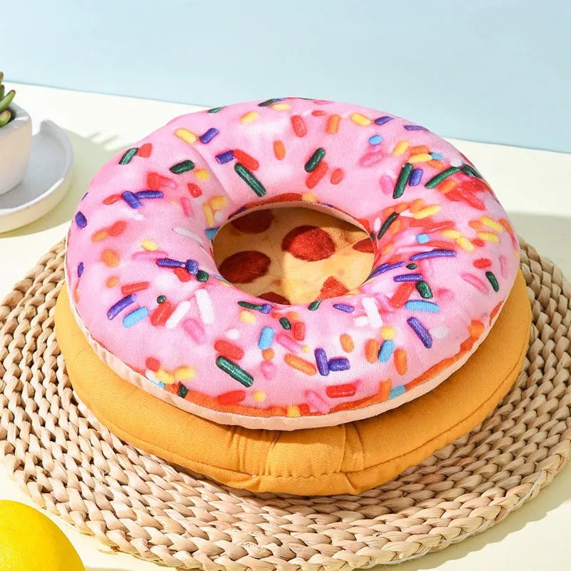 Polyester pet dog bite toy in Donut Pizza and Shrimp styles for small and medium dogs