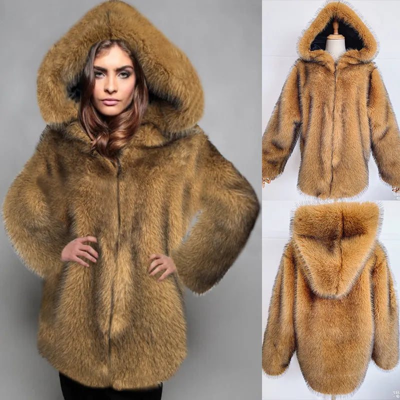Women's silver grey artificial fur mid-length coat with a loose fit on a hanger.