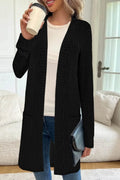A loose-fitting long sleeve cardigan jacket with pockets, shown in black, wine red, and grey colour options.
