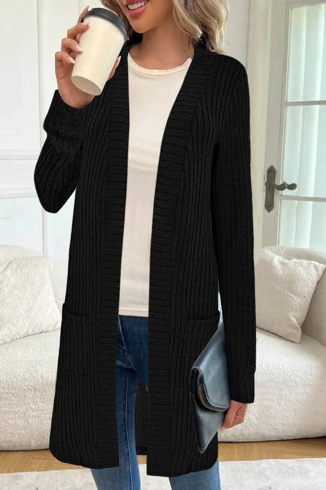 A loose-fitting long sleeve cardigan jacket with pockets, shown in black, wine red, and grey colour options.