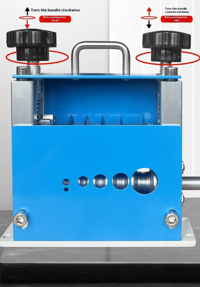 SD-017 manual wire stripping machine with crank handle on a workbench, showing scale against a cable.