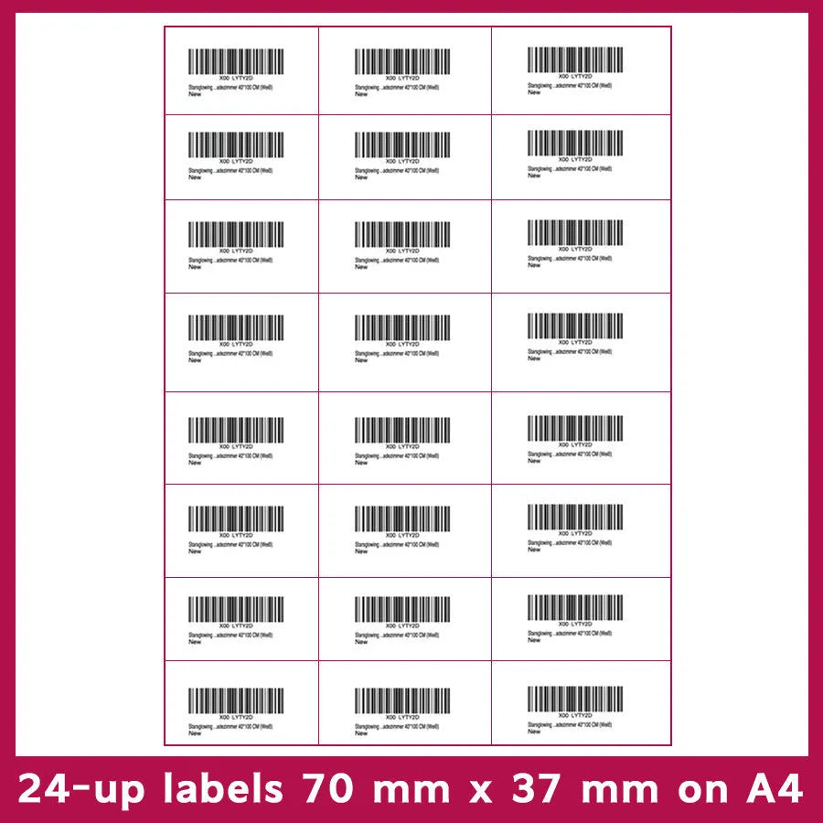 Pack of blank A4 FBA label paper sheets showing different grid cut options for barcode printing.