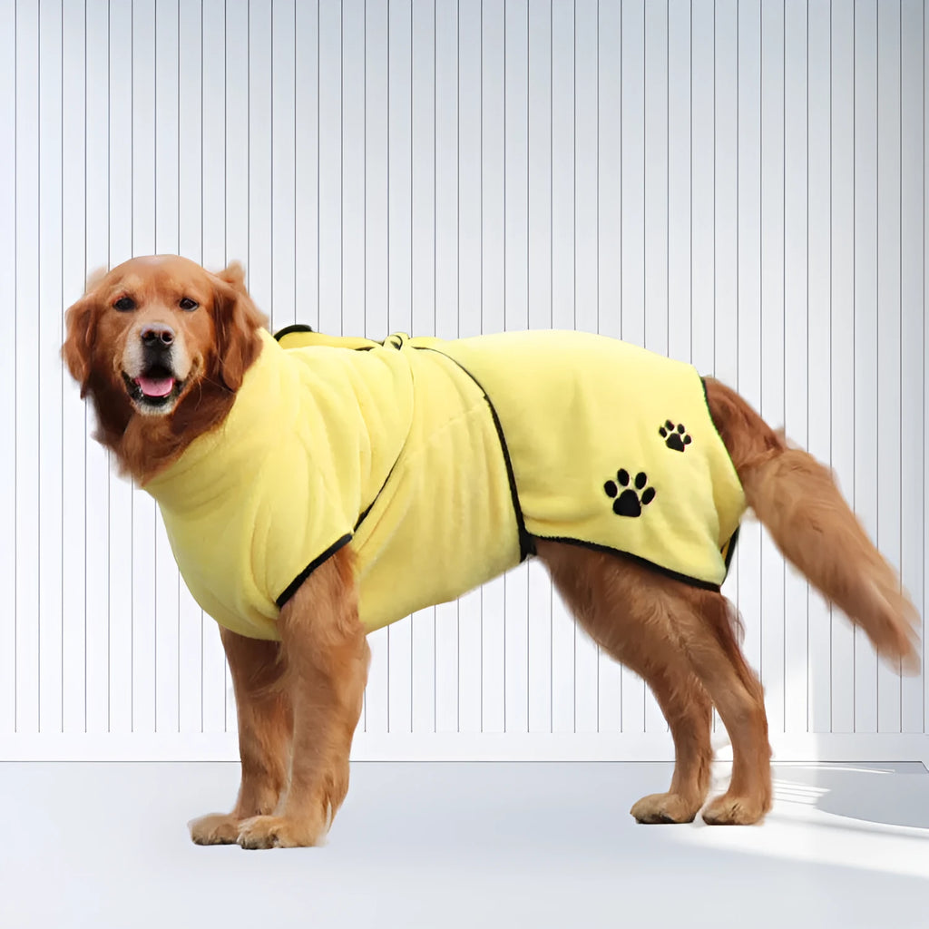 Yellow coral fleece pet embroidered bathrobe pajamas for dogs, size XS to 2XL, soft absorbent fabric