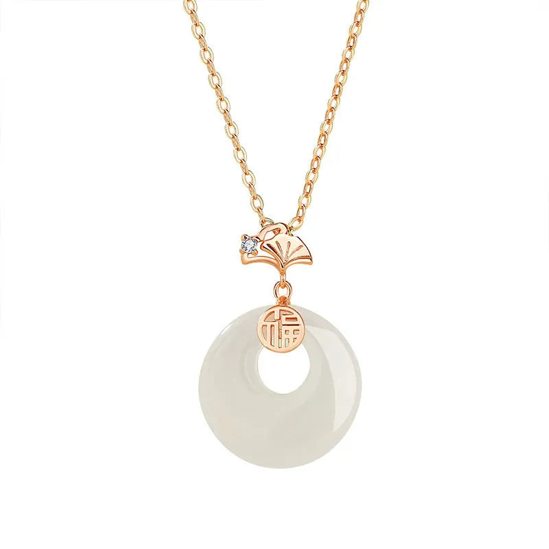 Retro blessing safe buckle necklace with 925 silver ginkgo leaf pendant and O-ring chain in platinum or rose gold finish