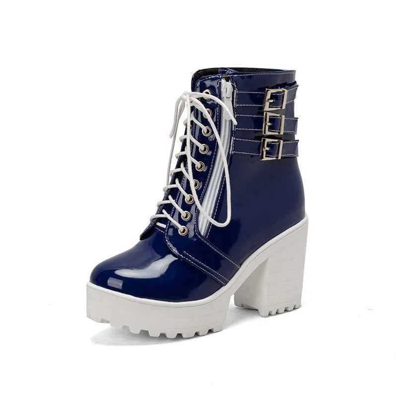 Women's black thick-heeled short boots with lace-up front and waterproof platform