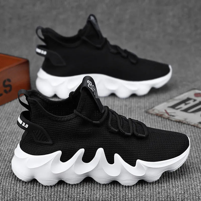 Men's casual lightweight breathable sock-like shoes low top round toe lace up in black white gray solid colour trainers size 39-48