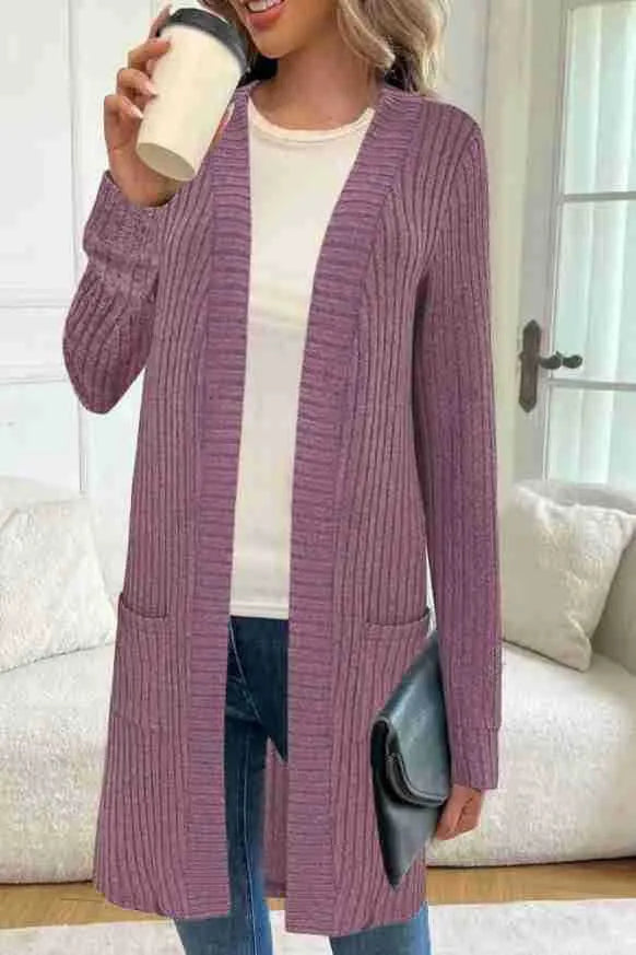 A loose-fitting long sleeve knitted cardigan jacket for plus sizes, shown in black, gray, or wine red.