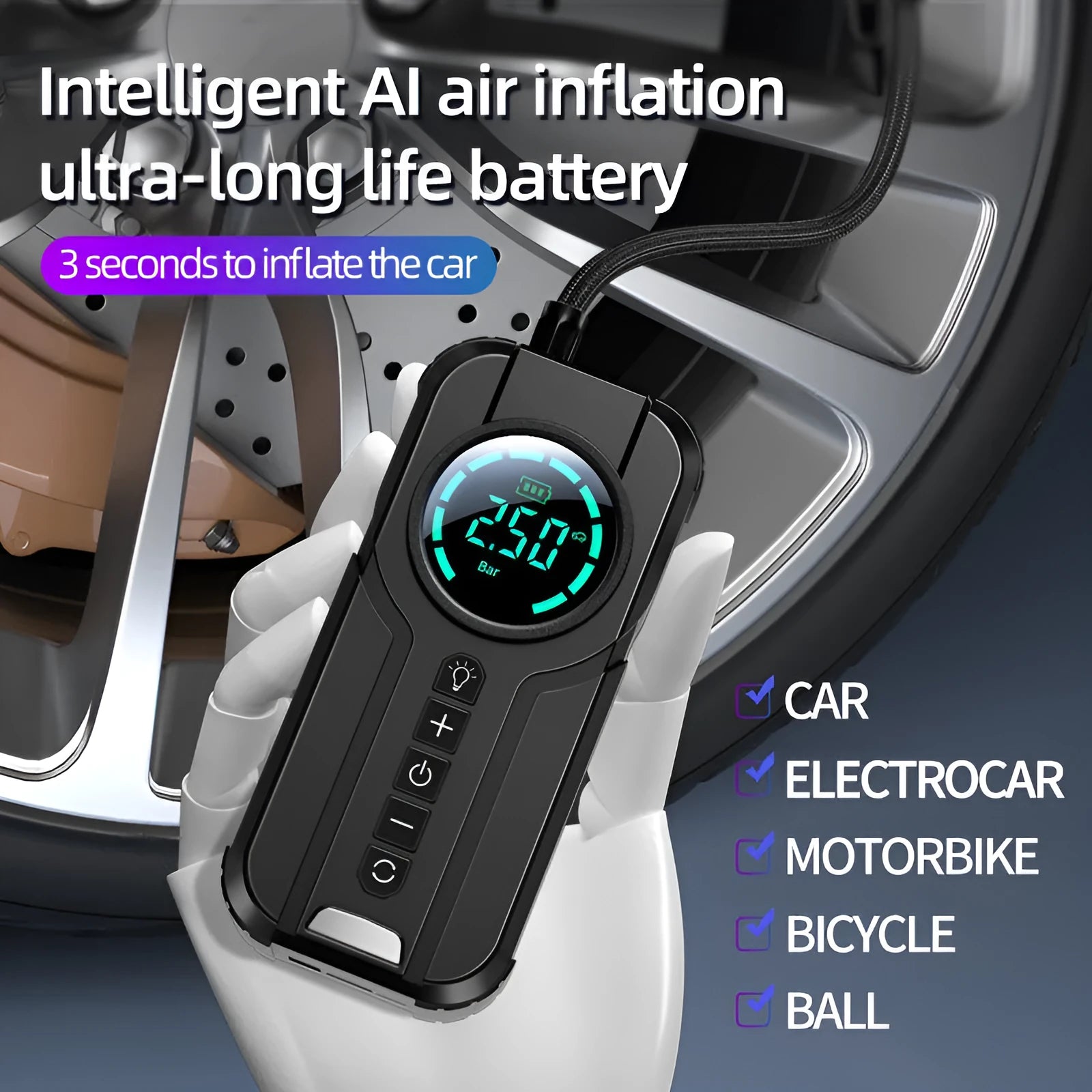 Portable black car tyre inflator with digital display, battery, and 12V power cable on a grey background.