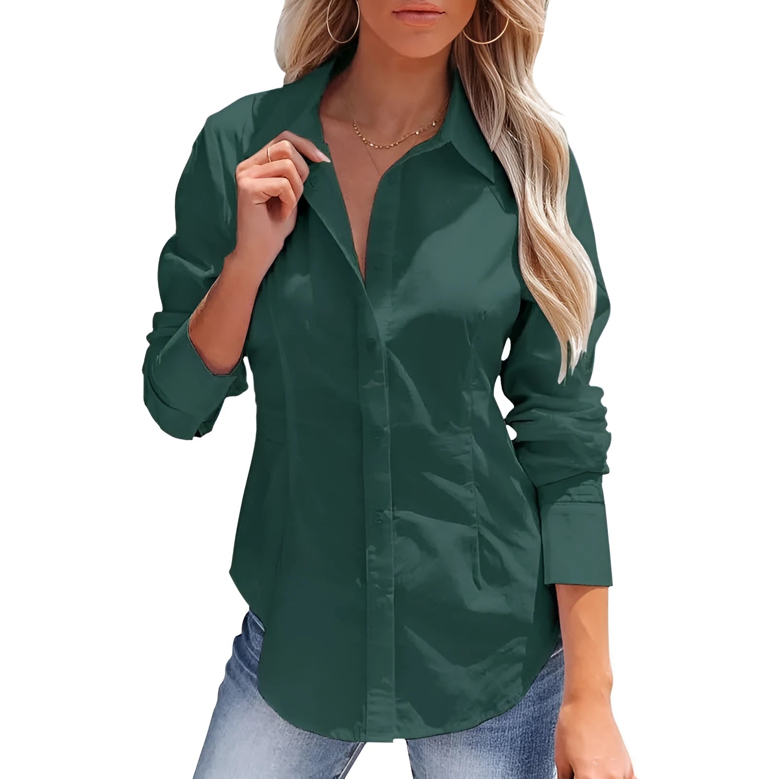 Women's button-down long sleeve shirt in dark green solid colour, front view