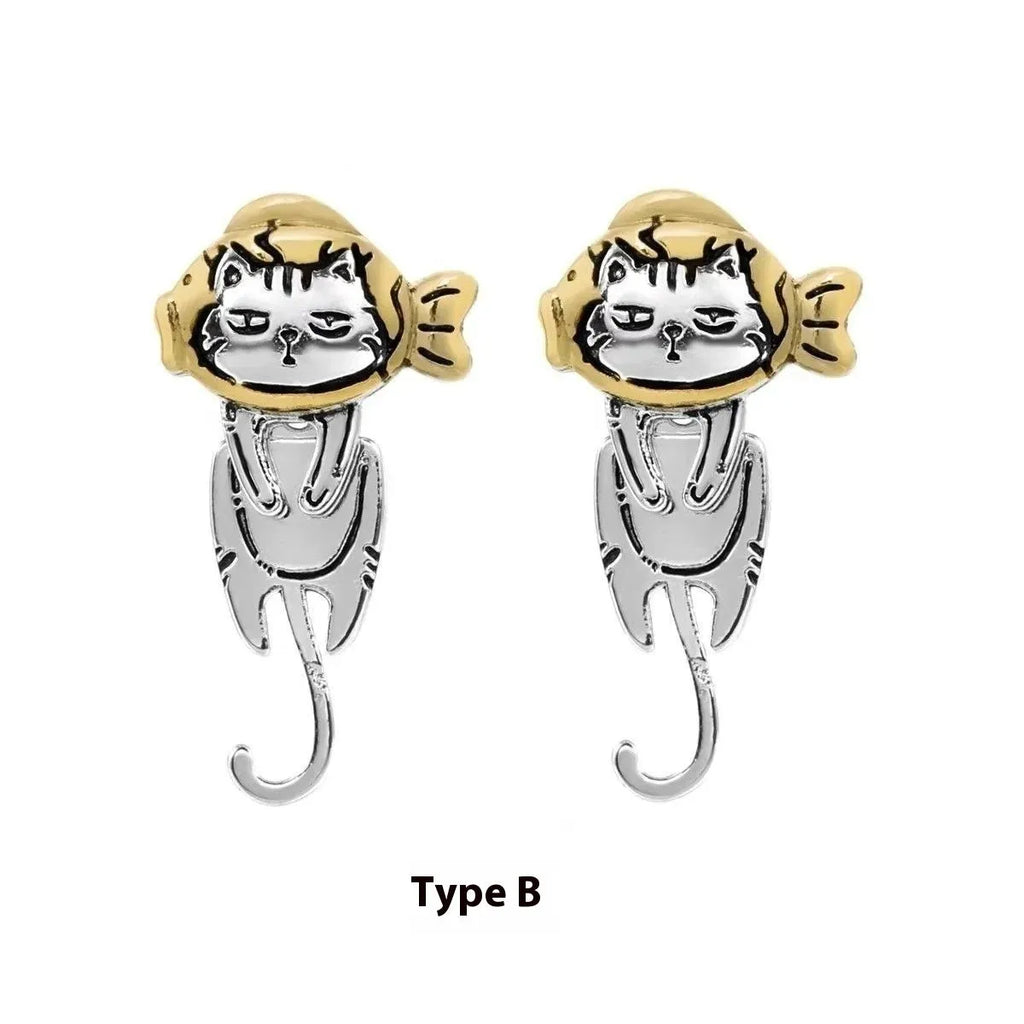 Graffiti cat earrings in copper with cute animal design, available as A pair or B style pair