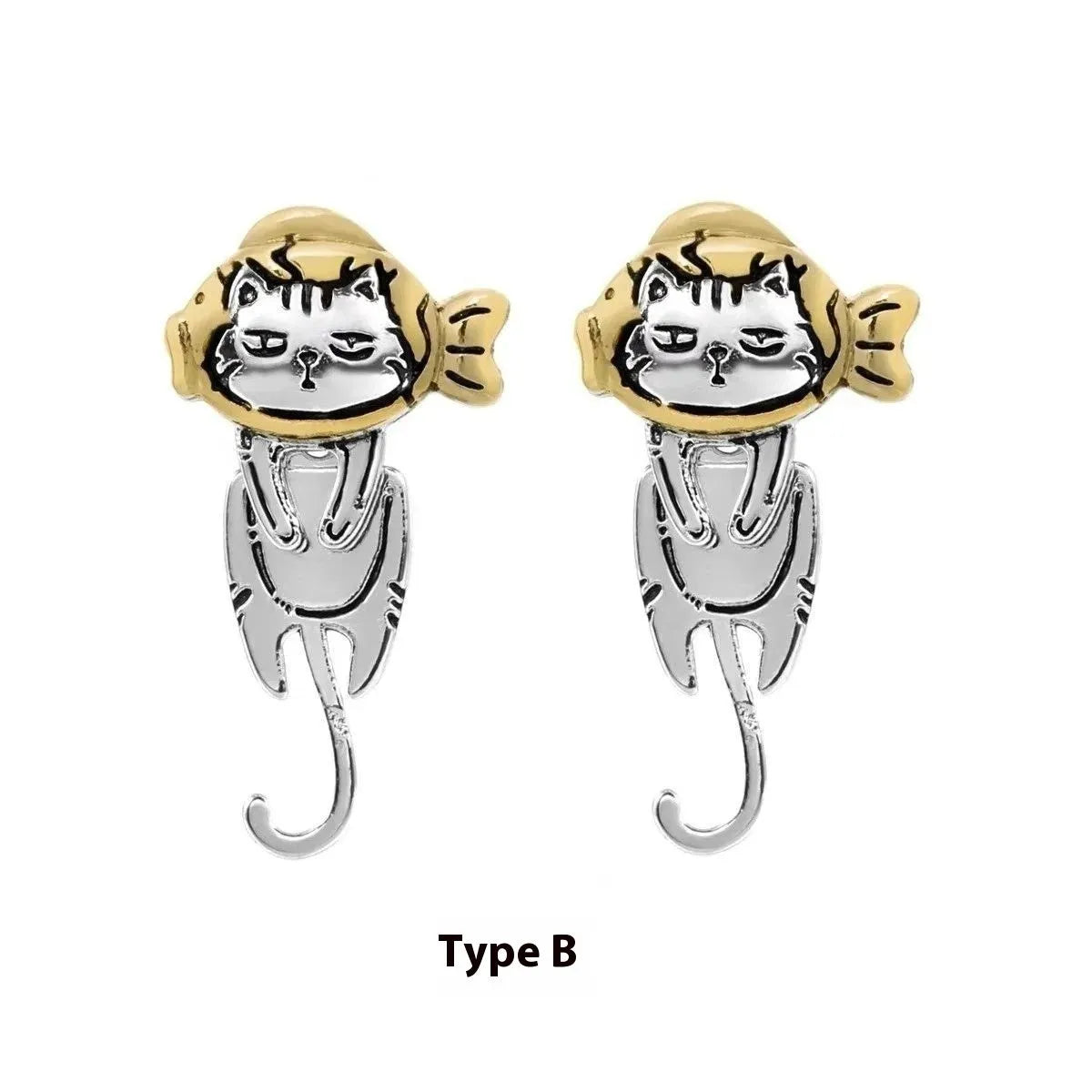 Graffiti cat earrings in copper with cute animal design, available as A pair or B style pair