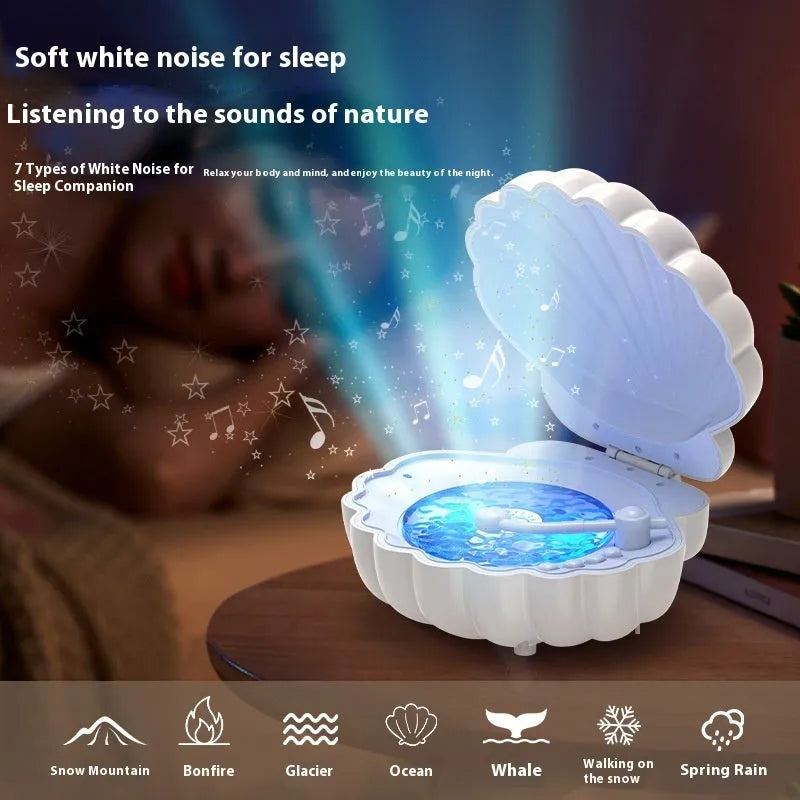 Retro vinyl record player shell design lamp with speaker grille and LED light in blue colour.