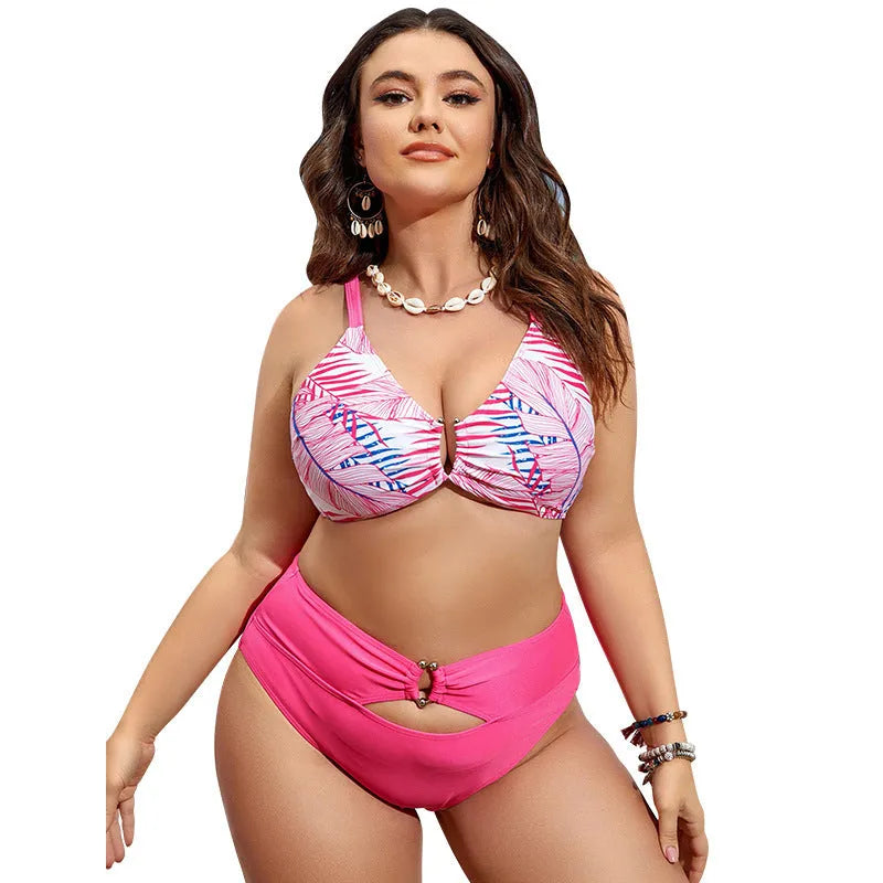 Pink floral vintage plus size bikini swimsuit for women in polyester fabric