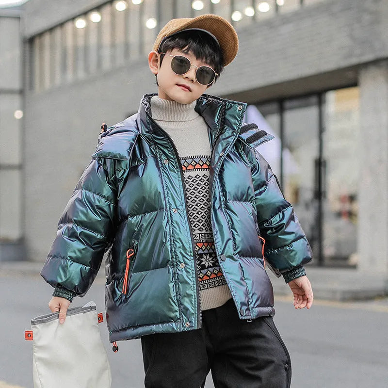 Thick winter white duck down jacket for boys, hooded Korean style, grey-green colour, front zipper closure