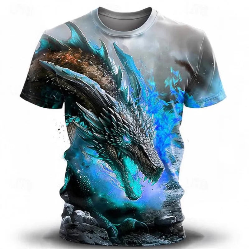 Men's grey t-shirt with a large, colourful 3D wind dragon print across the chest.