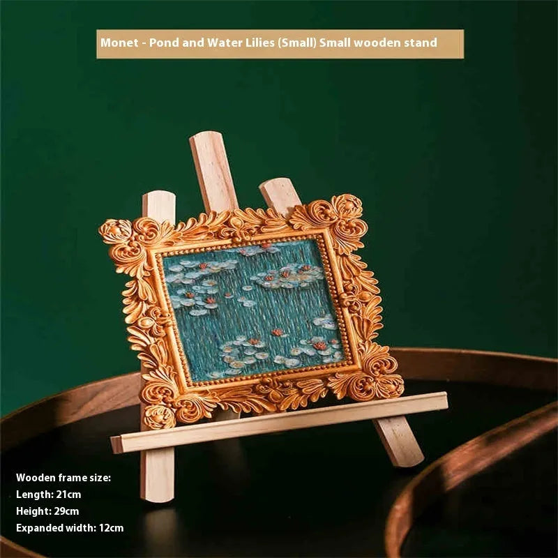 DIY oil painting kit with colour pots, brushes, and a canvas showing Van Gogh's Starry Night design.