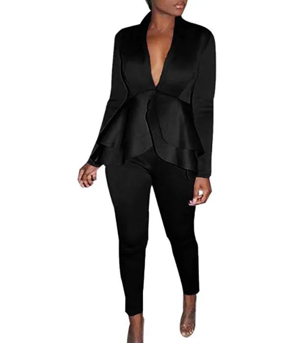 Ruffled sleeve business blazer and pencil trouser uniform set in polyester fabric