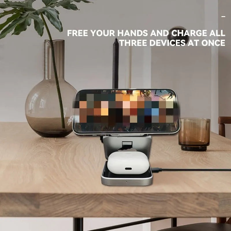 Three-in-one desktop wireless charging bracket showing iPhone, Samsung phone, and Pixel Watch charging simultaneously