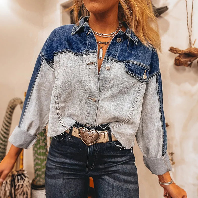 Women's loose fit denim coat with multiple buckle fastenings in single row arrangement