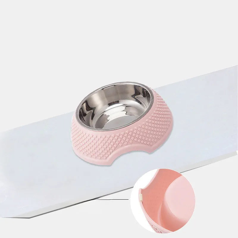 Stainless steel pet bowl with coloured non-slip base in blue, green, or pink.
