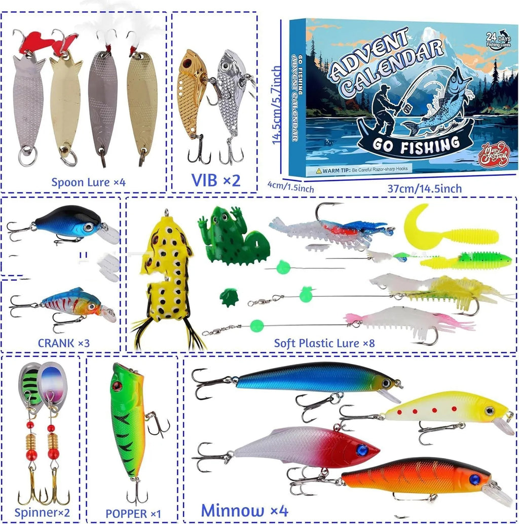 Christmas advent calendar fishing gear set 14x9x1.5 inches on a table