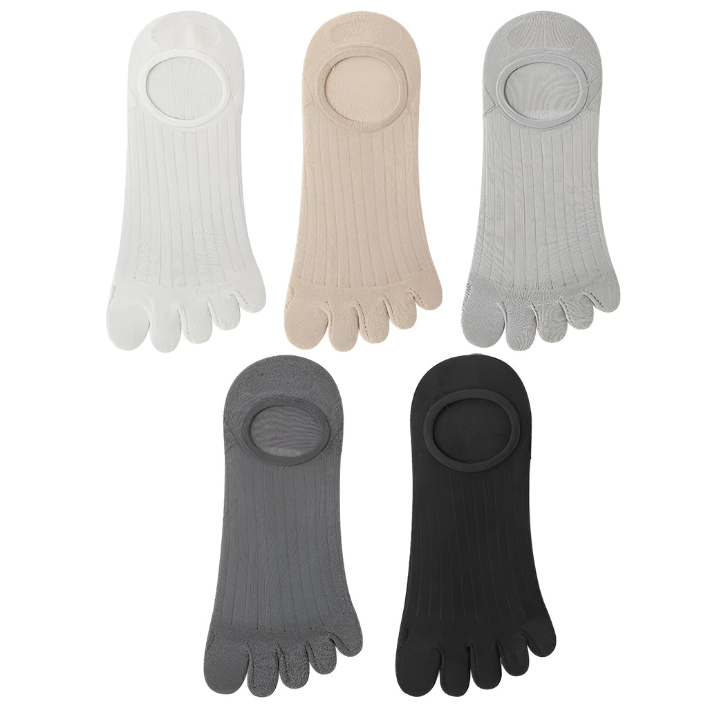 Men's beige five-finger invisible socks laid flat, showing individual toe sections and low-cut ankle design.