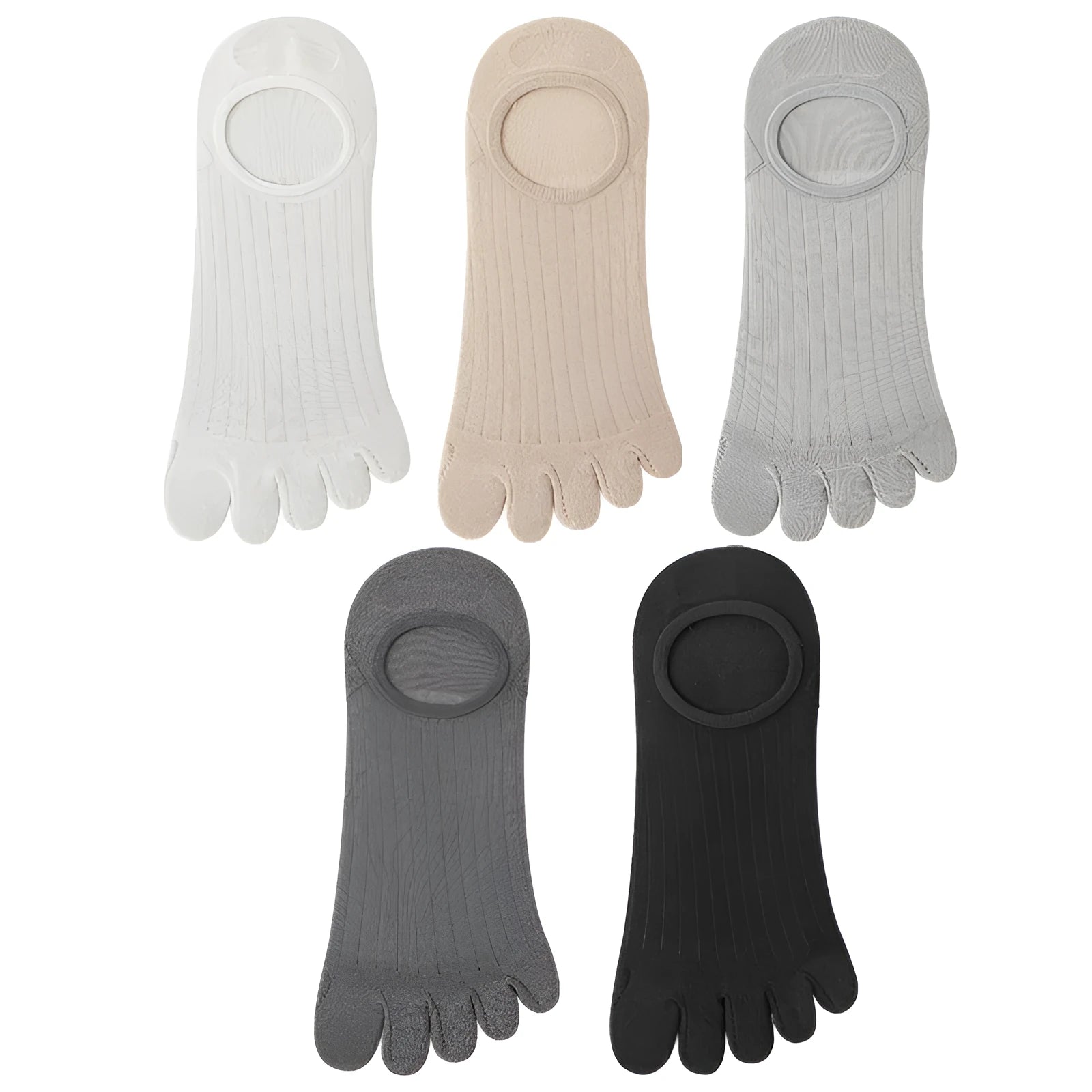 Men's beige five-finger invisible socks laid flat, showing individual toe sections and low-cut ankle design.