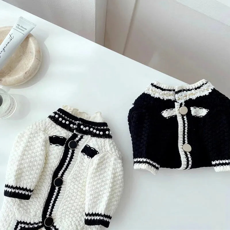 Korean style white puppy sweater with pearl collar on small dog, showing princess style design