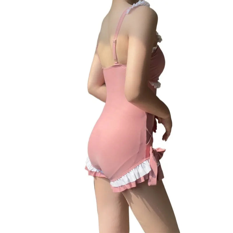 Women's solid colour milk silk one-piece swimsuit in pink or blue with sleeveless design