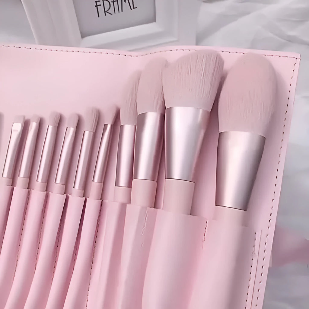 12-piece makeup brush set with light blue wooden handles and blue PU brush bag for foundation and eye shadow