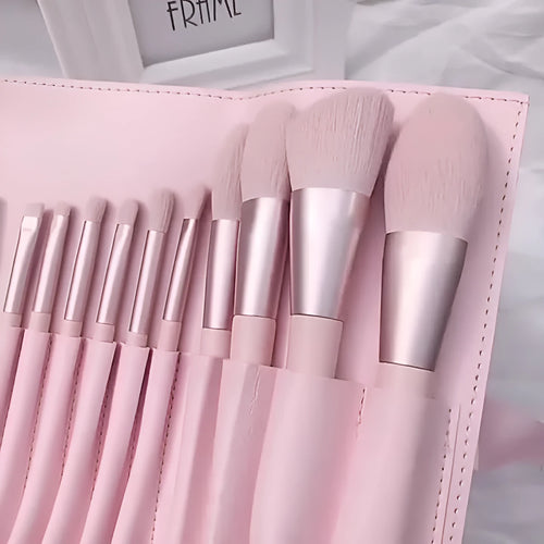 12-piece makeup brush set with light blue wooden handles and blue PU brush bag for foundation and eye shadow