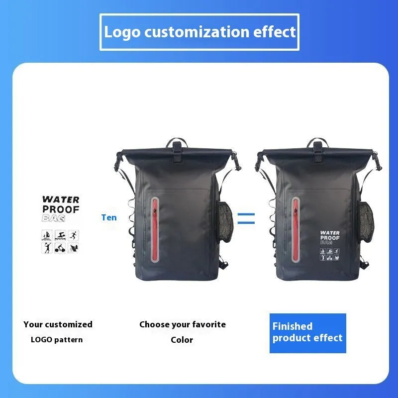 25L PVC waterproof backpack for outdoor sports, shown in black, army green, yellow, orange, and blue