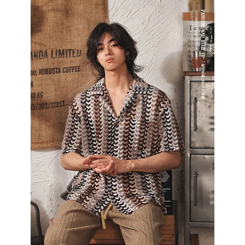 Japanese style Cuban collar fleece-lined short sleeve shirt in grey with jacquard detail.