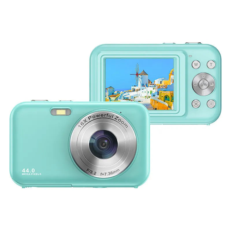 Colourful children's digital camera with 2.4-inch screen showing 44MP and 1080p video capabilities.