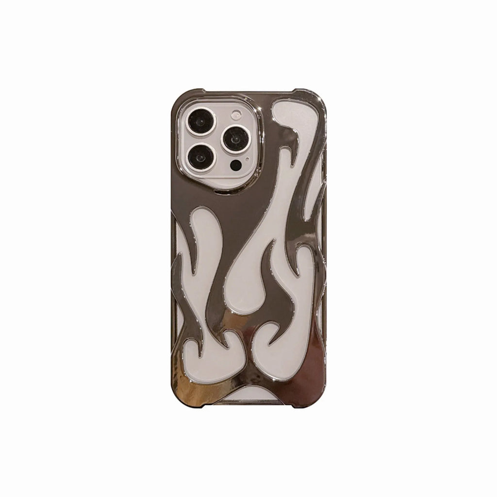 Electroplated hollow flame pattern phone case for iPhone, showing silver finish and perforated design for heat dissipation.