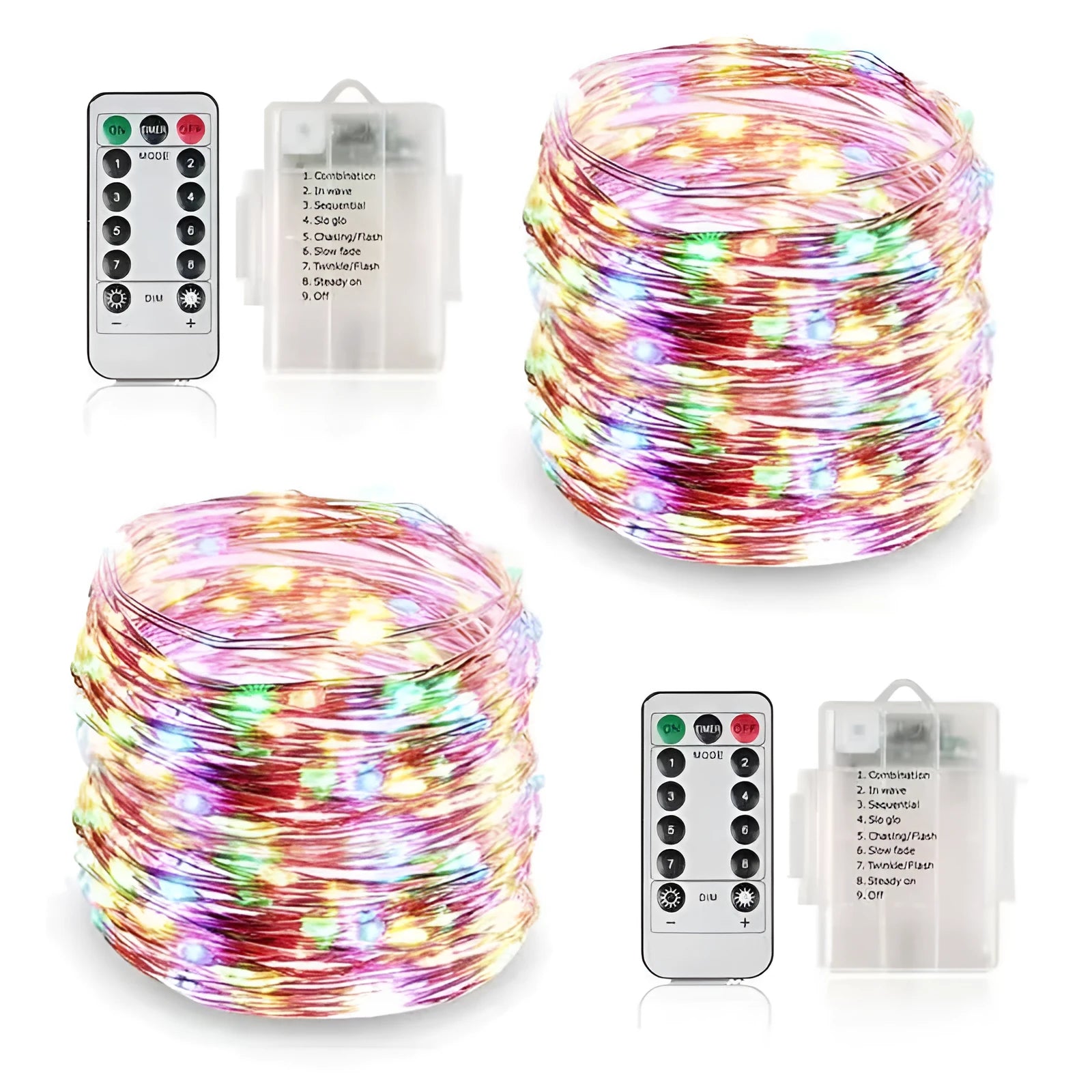 Close-up of flexible copper wire fairy lights with warm white LEDs wrapped around a wooden banister
